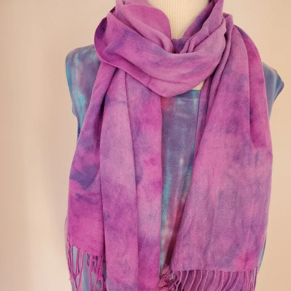 NEW Cashmere merino oversized Scarf Wrap tie dyed brunello blue purple pink XL